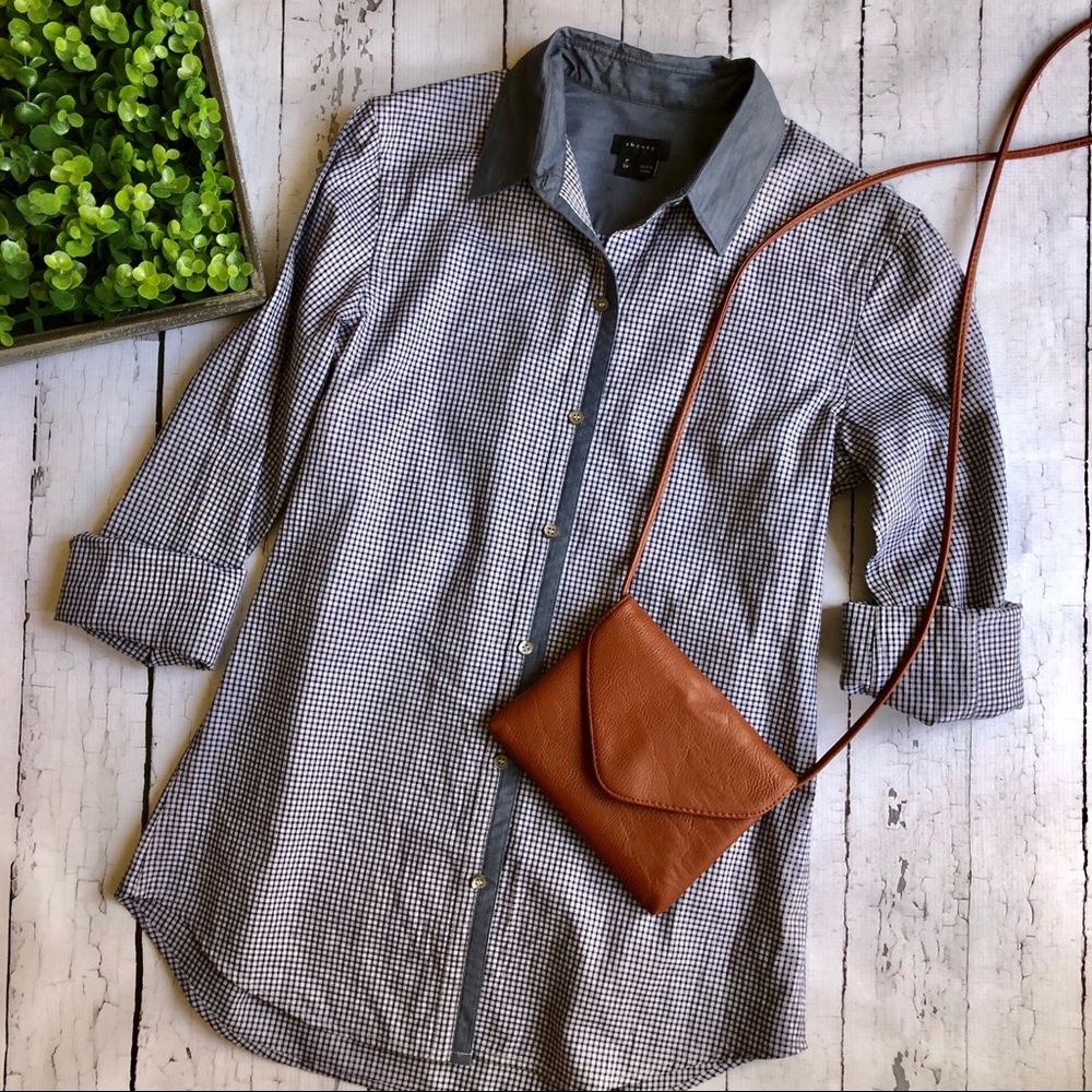 Theory Blue Gingham Button Down Colorblock - image 1